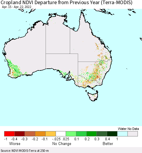 Australia Cropland NDVI Departure from Previous Year (Terra-MODIS) Thematic Map For 4/15/2022 - 4/22/2022