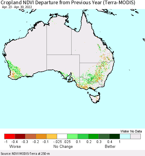 Australia Cropland NDVI Departure from Previous Year (Terra-MODIS) Thematic Map For 4/23/2022 - 4/30/2022