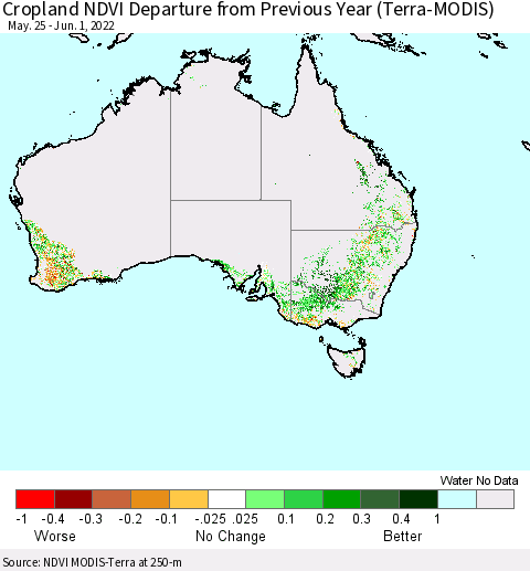 Australia Cropland NDVI Departure from Previous Year (Terra-MODIS) Thematic Map For 5/25/2022 - 6/1/2022