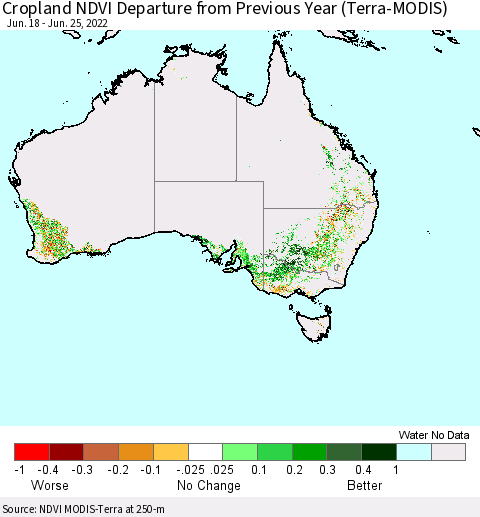 Australia Cropland NDVI Departure from Previous Year (Terra-MODIS) Thematic Map For 6/18/2022 - 6/25/2022