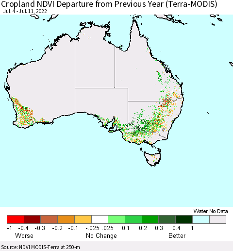 Australia Cropland NDVI Departure from Previous Year (Terra-MODIS) Thematic Map For 7/4/2022 - 7/11/2022