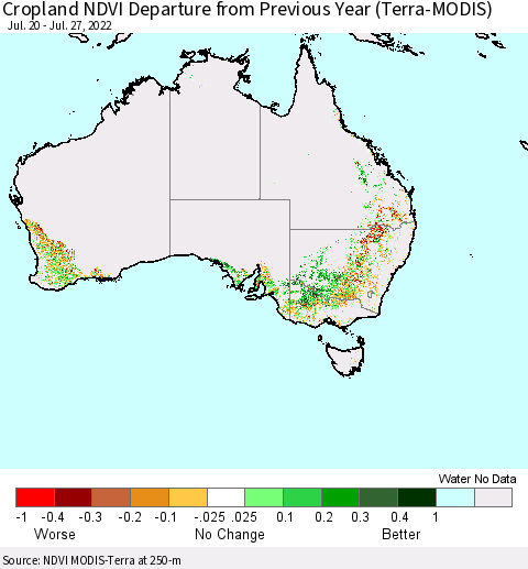 Australia Cropland NDVI Departure from Previous Year (Terra-MODIS) Thematic Map For 7/20/2022 - 7/27/2022
