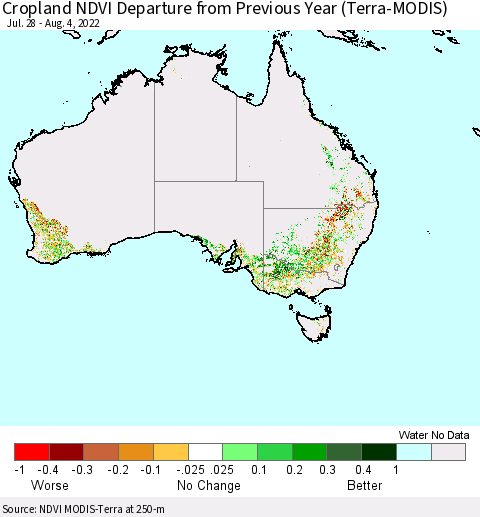 Australia Cropland NDVI Departure from Previous Year (Terra-MODIS) Thematic Map For 7/28/2022 - 8/4/2022