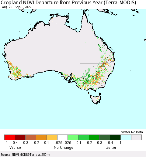 Australia Cropland NDVI Departure from Previous Year (Terra-MODIS) Thematic Map For 8/29/2022 - 9/5/2022