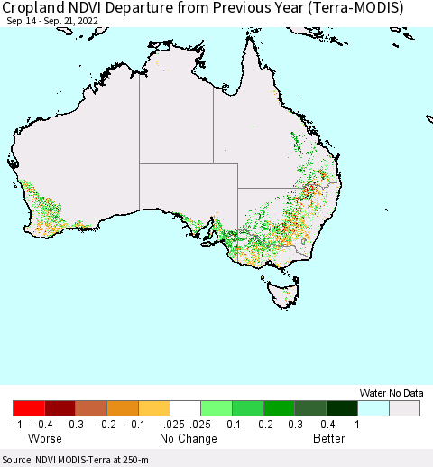 Australia Cropland NDVI Departure from Previous Year (Terra-MODIS) Thematic Map For 9/14/2022 - 9/21/2022