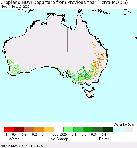 Australia Cropland NDVI Departure from Previous Year (Terra-MODIS) Thematic Map For 12/3/2022 - 12/10/2022