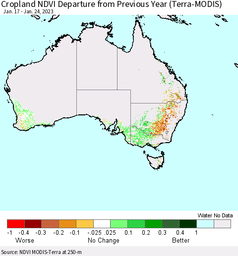 Australia Cropland NDVI Departure from Previous Year (Terra-MODIS) Thematic Map For 1/17/2023 - 1/24/2023