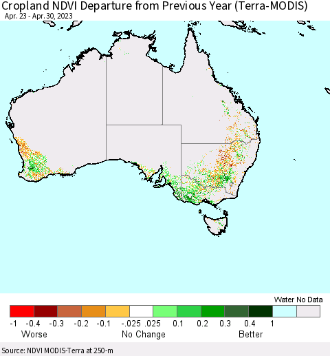 Australia Cropland NDVI Departure from Previous Year (Terra-MODIS) Thematic Map For 4/23/2023 - 4/30/2023