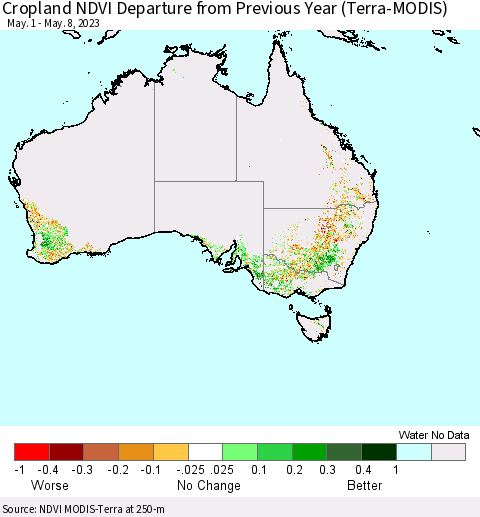 Australia Cropland NDVI Departure from Previous Year (Terra-MODIS) Thematic Map For 5/1/2023 - 5/8/2023