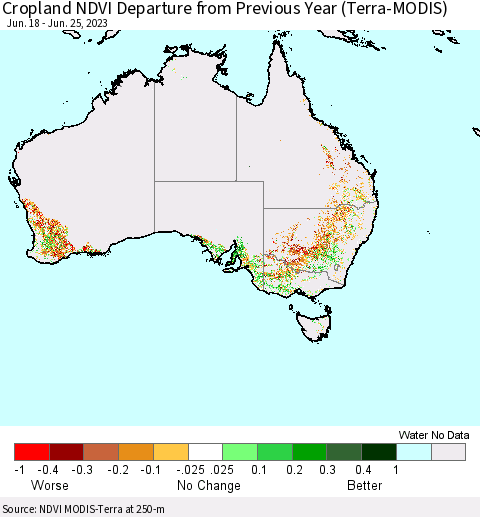 Australia Cropland NDVI Departure from Previous Year (Terra-MODIS) Thematic Map For 6/18/2023 - 6/25/2023