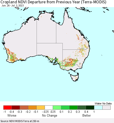 Australia Cropland NDVI Departure from Previous Year (Terra-MODIS) Thematic Map For 6/26/2023 - 7/3/2023