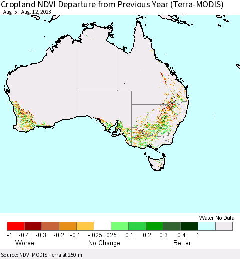 Australia Cropland NDVI Departure from Previous Year (Terra-MODIS) Thematic Map For 8/5/2023 - 8/12/2023