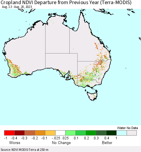 Australia Cropland NDVI Departure from Previous Year (Terra-MODIS) Thematic Map For 8/13/2023 - 8/20/2023