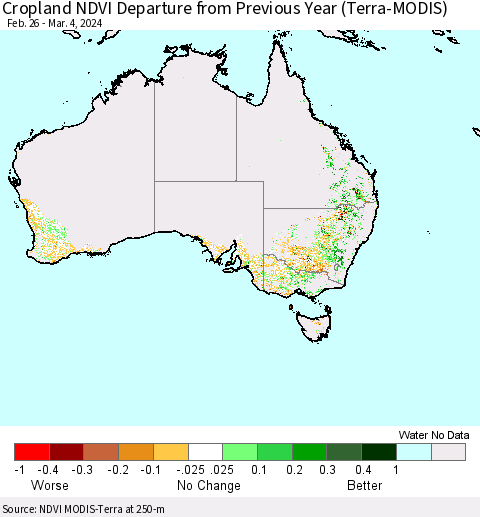 Australia Cropland NDVI Departure from Previous Year (Terra-MODIS) Thematic Map For 2/26/2024 - 3/4/2024