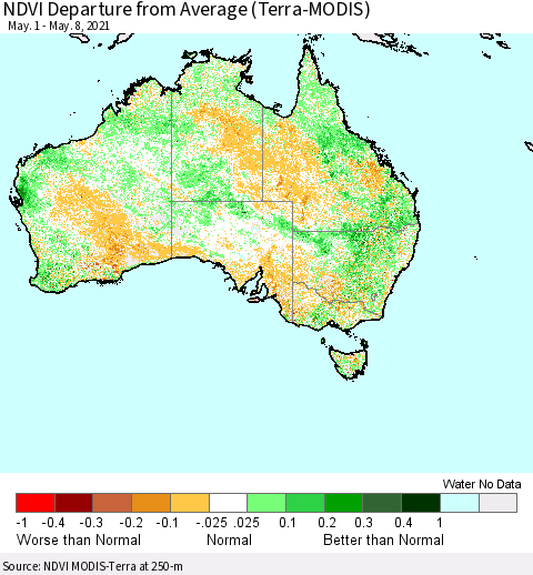 Australia NDVI Departure from Average (Terra-MODIS) Thematic Map For 5/1/2021 - 5/8/2021