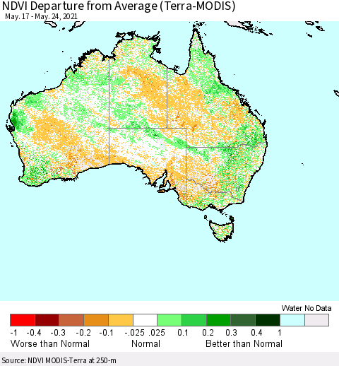 Australia NDVI Departure from Average (Terra-MODIS) Thematic Map For 5/17/2021 - 5/24/2021