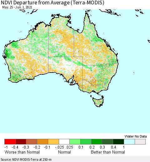 Australia NDVI Departure from Average (Terra-MODIS) Thematic Map For 5/25/2021 - 6/1/2021