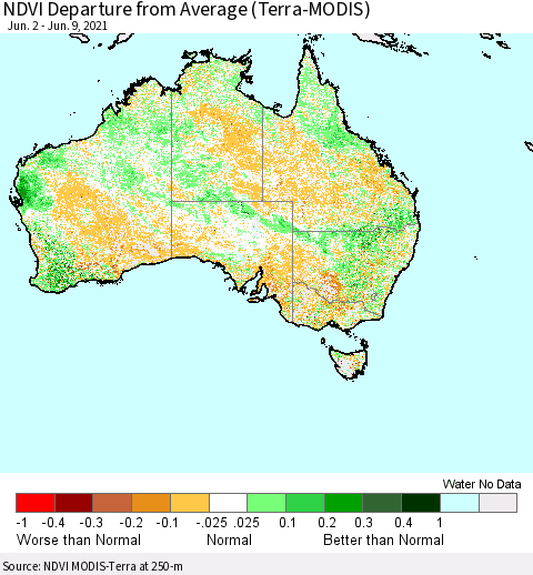 Australia NDVI Departure from Average (Terra-MODIS) Thematic Map For 6/2/2021 - 6/9/2021