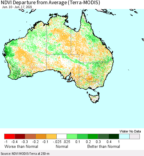 Australia NDVI Departure from Average (Terra-MODIS) Thematic Map For 6/10/2021 - 6/17/2021
