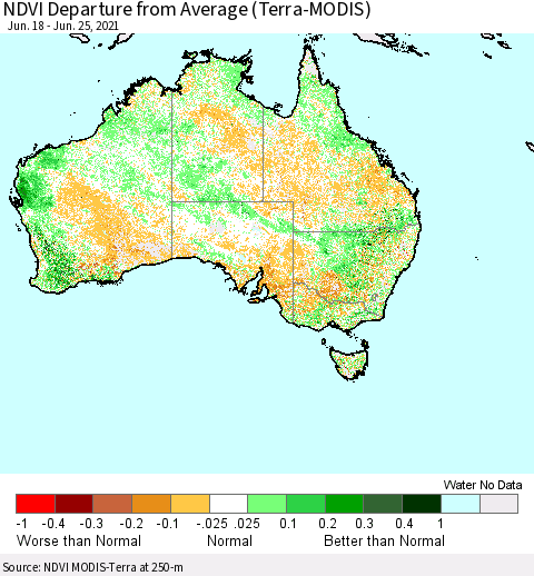 Australia NDVI Departure from Average (Terra-MODIS) Thematic Map For 6/18/2021 - 6/25/2021
