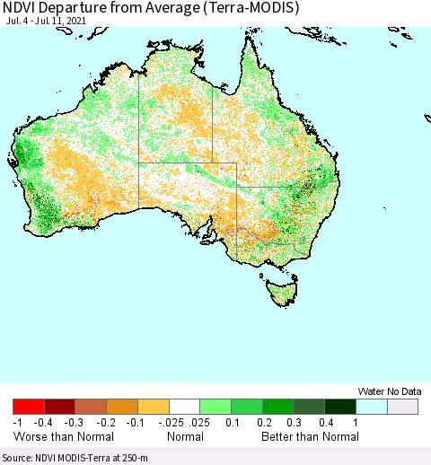 Australia NDVI Departure from Average (Terra-MODIS) Thematic Map For 7/4/2021 - 7/11/2021