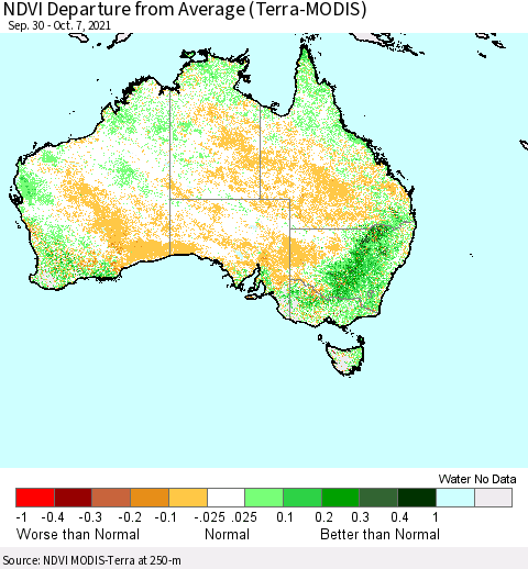 Australia NDVI Departure from Average (Terra-MODIS) Thematic Map For 9/30/2021 - 10/7/2021