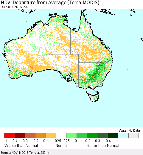 Australia NDVI Departure from Average (Terra-MODIS) Thematic Map For 10/8/2021 - 10/15/2021