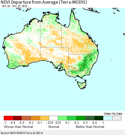 Australia NDVI Departure from Average (Terra-MODIS) Thematic Map For 10/16/2021 - 10/23/2021