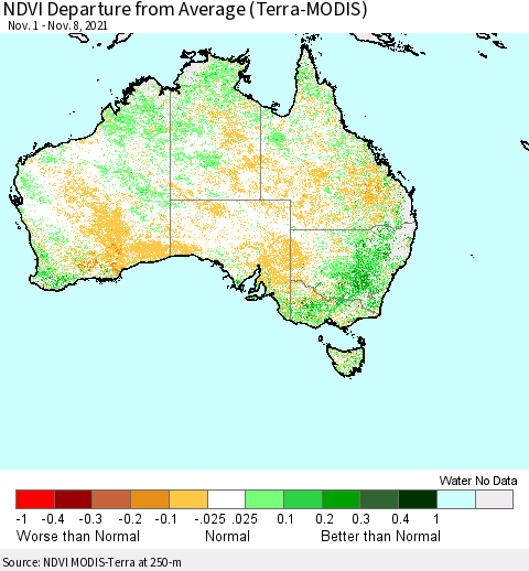 Australia NDVI Departure from Average (Terra-MODIS) Thematic Map For 11/1/2021 - 11/8/2021
