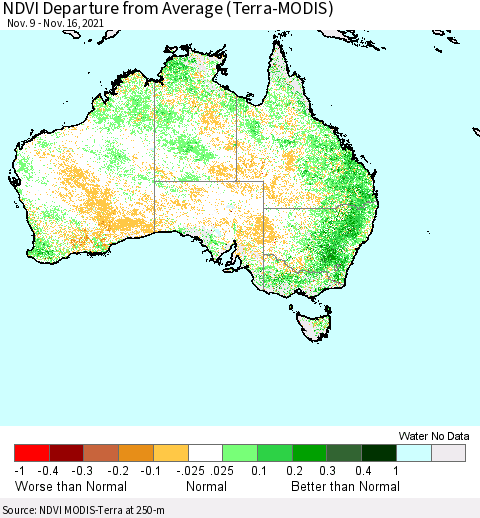 Australia NDVI Departure from Average (Terra-MODIS) Thematic Map For 11/9/2021 - 11/16/2021