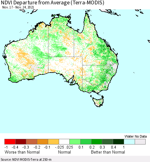 Australia NDVI Departure from Average (Terra-MODIS) Thematic Map For 11/17/2021 - 11/24/2021