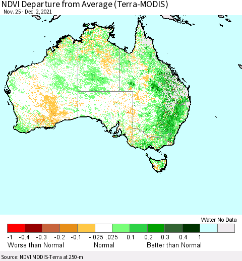 Australia NDVI Departure from Average (Terra-MODIS) Thematic Map For 11/25/2021 - 12/2/2021