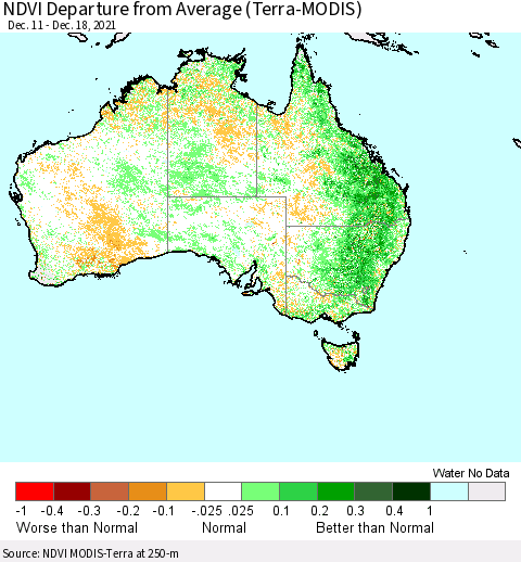 Australia NDVI Departure from Average (Terra-MODIS) Thematic Map For 12/11/2021 - 12/18/2021