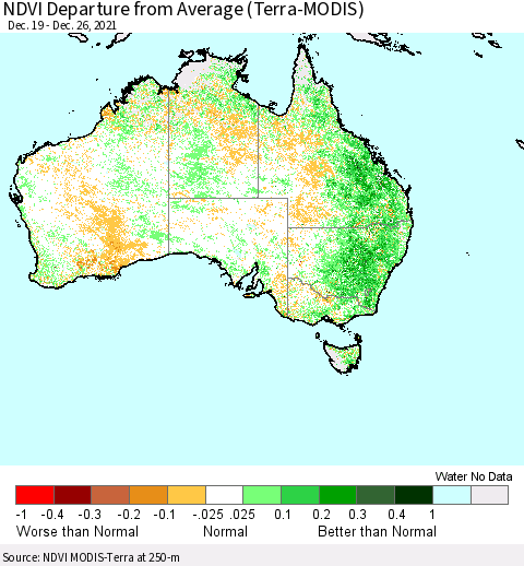 Australia NDVI Departure from Average (Terra-MODIS) Thematic Map For 12/19/2021 - 12/26/2021