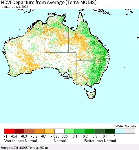 Australia NDVI Departure from Average (Terra-MODIS) Thematic Map For 1/1/2022 - 1/8/2022