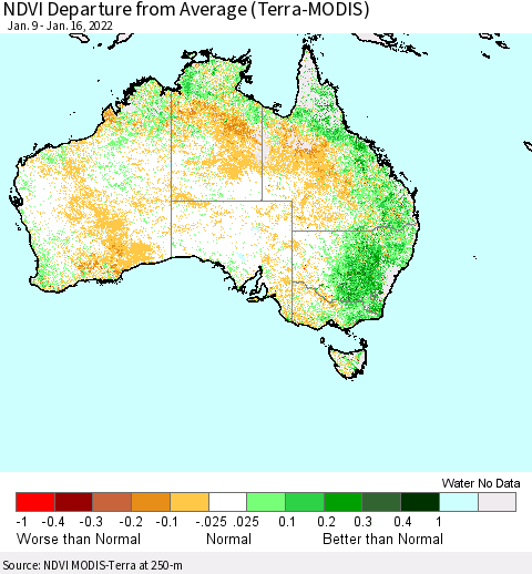 Australia NDVI Departure from Average (Terra-MODIS) Thematic Map For 1/9/2022 - 1/16/2022