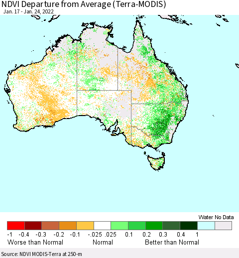 Australia NDVI Departure from Average (Terra-MODIS) Thematic Map For 1/17/2022 - 1/24/2022