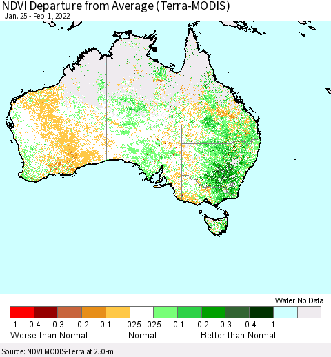 Australia NDVI Departure from Average (Terra-MODIS) Thematic Map For 1/25/2022 - 2/1/2022