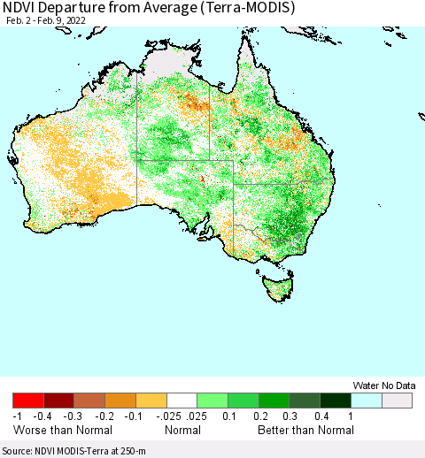 Australia NDVI Departure from Average (Terra-MODIS) Thematic Map For 2/2/2022 - 2/9/2022
