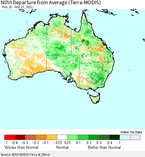 Australia NDVI Departure from Average (Terra-MODIS) Thematic Map For 2/10/2022 - 2/17/2022