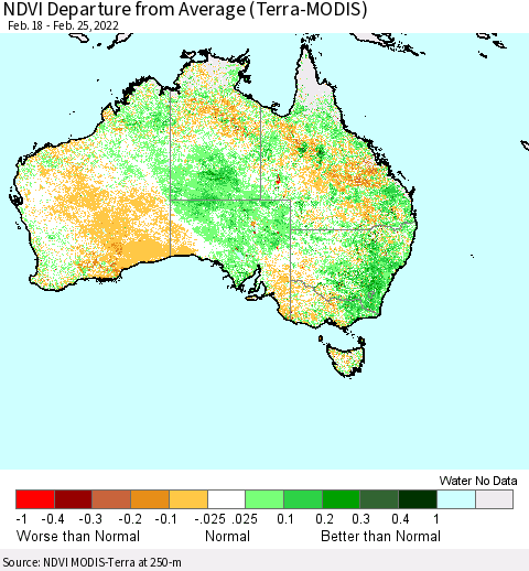 Australia NDVI Departure from Average (Terra-MODIS) Thematic Map For 2/18/2022 - 2/25/2022