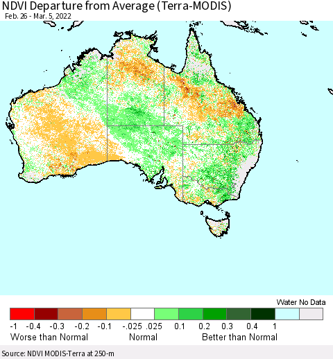Australia NDVI Departure from Average (Terra-MODIS) Thematic Map For 2/26/2022 - 3/5/2022