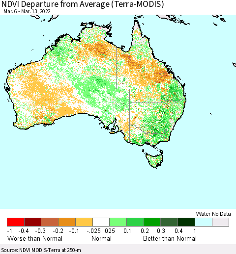 Australia NDVI Departure from Average (Terra-MODIS) Thematic Map For 3/6/2022 - 3/13/2022