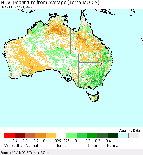 Australia NDVI Departure from Average (Terra-MODIS) Thematic Map For 3/14/2022 - 3/21/2022