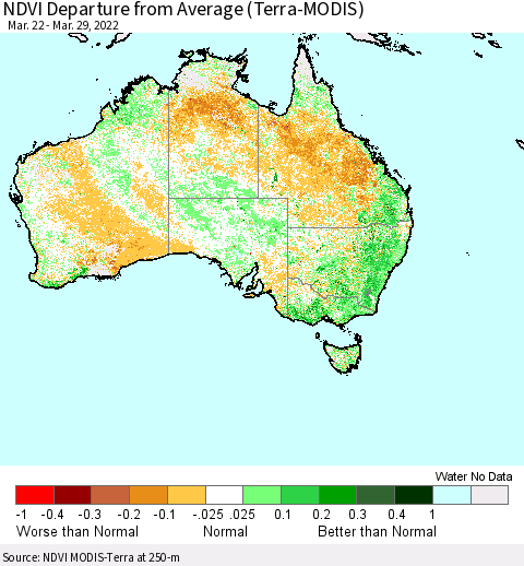 Australia NDVI Departure from Average (Terra-MODIS) Thematic Map For 3/22/2022 - 3/29/2022