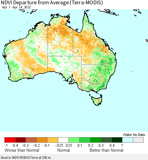 Australia NDVI Departure from Average (Terra-MODIS) Thematic Map For 4/7/2022 - 4/14/2022