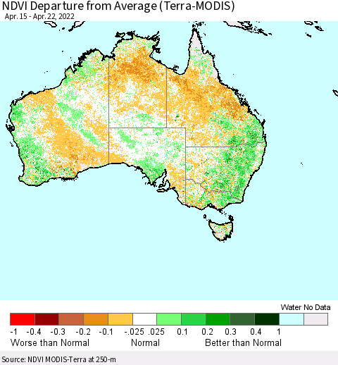 Australia NDVI Departure from Average (Terra-MODIS) Thematic Map For 4/15/2022 - 4/22/2022