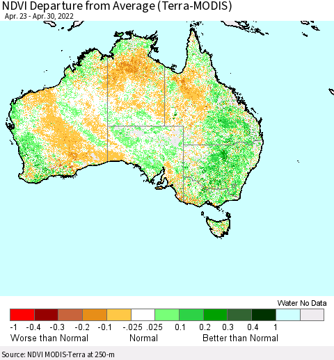 Australia NDVI Departure from Average (Terra-MODIS) Thematic Map For 4/23/2022 - 4/30/2022