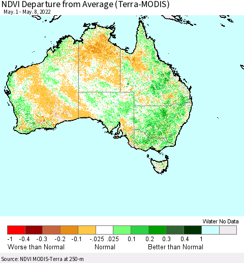 Australia NDVI Departure from Average (Terra-MODIS) Thematic Map For 5/1/2022 - 5/8/2022