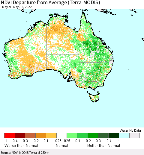 Australia NDVI Departure from Average (Terra-MODIS) Thematic Map For 5/9/2022 - 5/16/2022